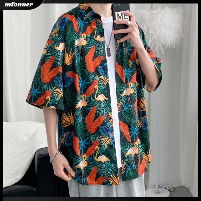 Áo Sơ Mi Cotton Pha Ngắn Tay In Họa Tiết Hoa Phong Cách Retro Hong Kong Cho Nam Nữ