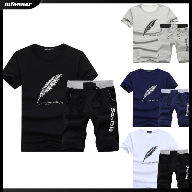 Set Đồ Thể Thao 2 Món Áo Tay Ngắn Phối Quần Short In Hình Lông Vũ Thời Trang Cá Tính Cho Nam