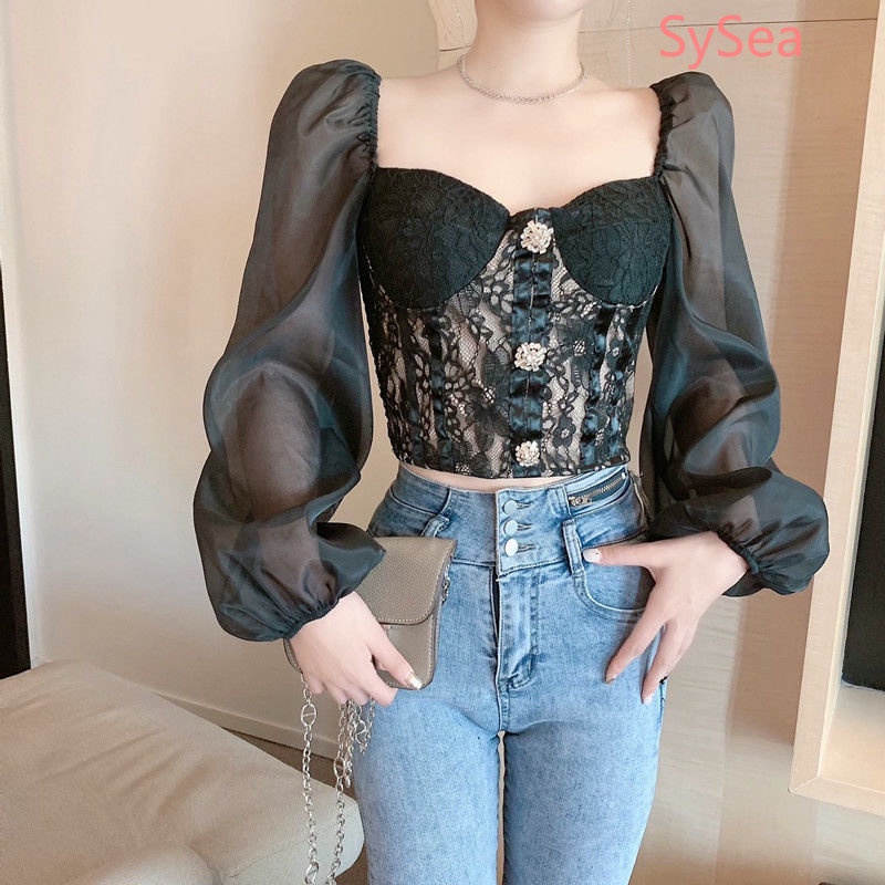 Áo Kiểu Tay Phồng Cổ Vuông Phối Ren Phong Cách Hàn Quốc