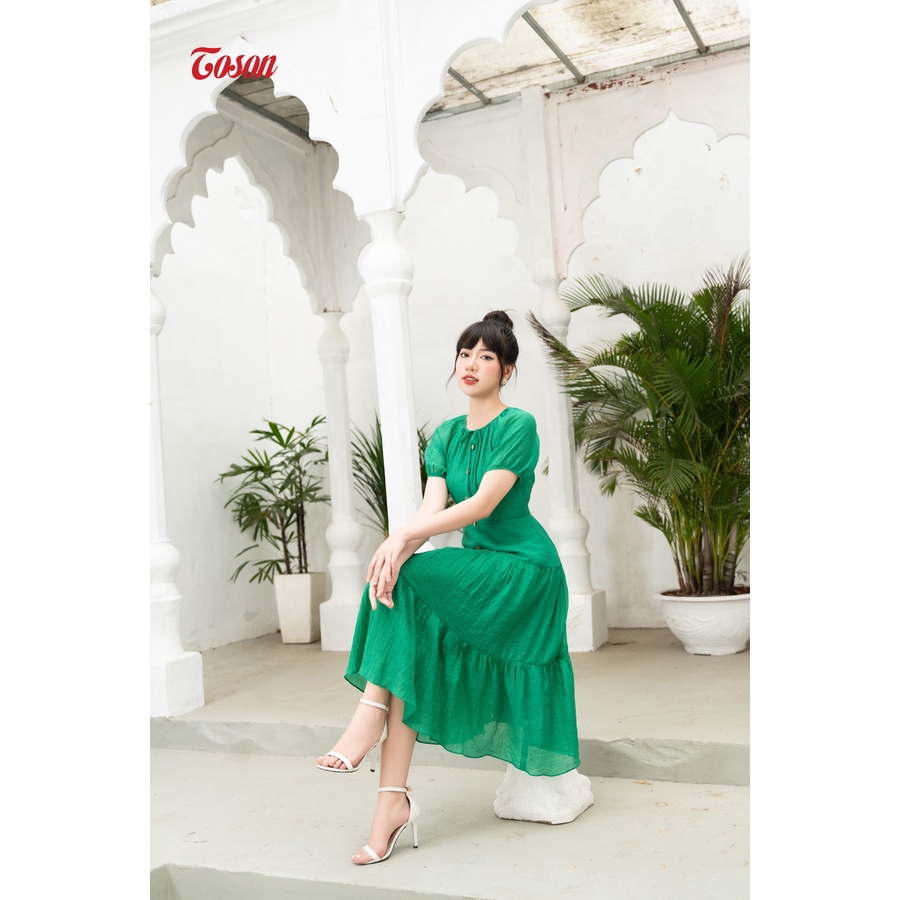 Đầm lụa tơ xanh mint, dáng xòe tay liền cổ đính nơ nhỏ Toson 42126X83