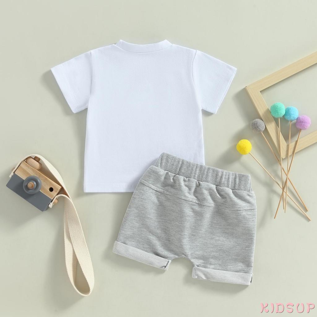 Set Áo Thun Tay Ngắn Cổ Tròn In Chữ + Quần Short Dây Rút 1 Tấc Cho Bé