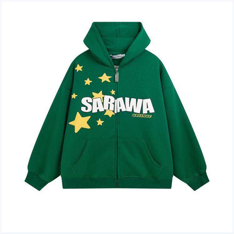 Áo khoác thể thao MMIOT dáng rộng có khóa kéo in chữ và ngôi sao phong cách cổ điển