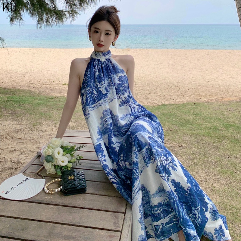 Hàng Mới Về Đầm Chữ A Không Tay In Họa Tiết Màu Xanh Dương / Trắng Dành Cho Nữ Đi Biển Mùa Hè 2023 Hàng Mới Về