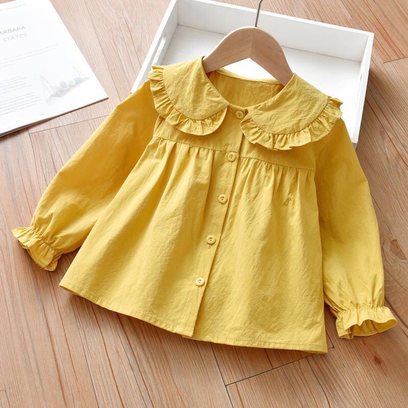 Áo Sơ Mi Tay Dài Cổ Búp Bê Màu Sắc Trơn Phong Cách Hàn Quốc Thời Trang Mùa Thu Xinh Xắn Cho Bé Gái