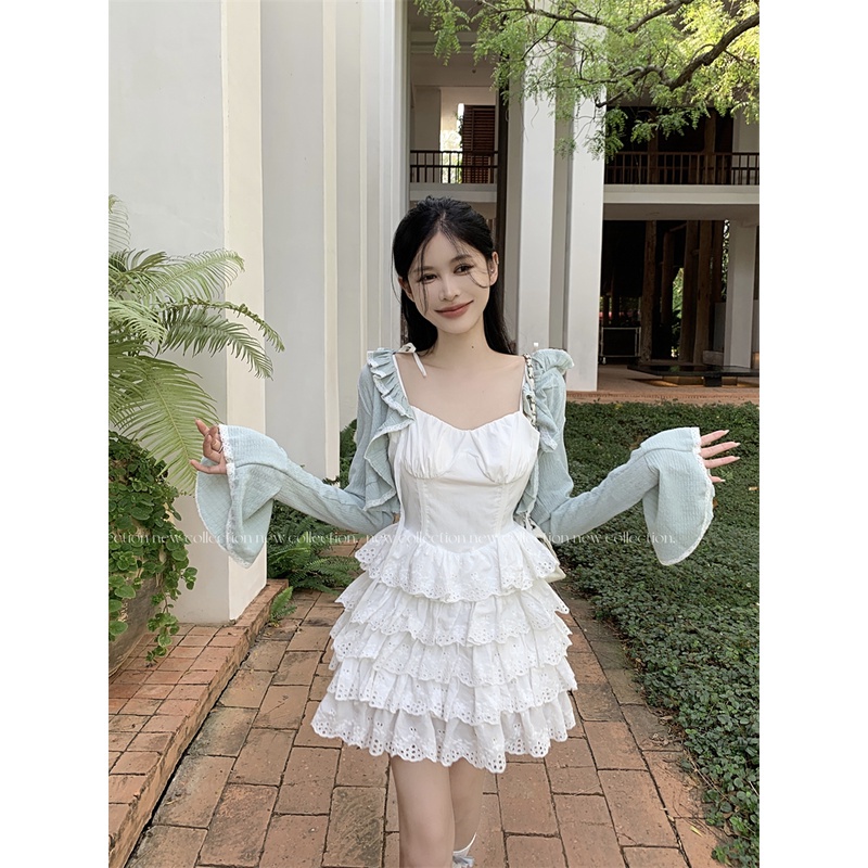 Đầm Múa Ba Lê Hai Dây Xếp Tầng + Áo Khoác Chống Nắng Nhẹ Nhàng Màu Xanh Dương Nhạt Có Diềm Xếp Nếp Cho Nữ