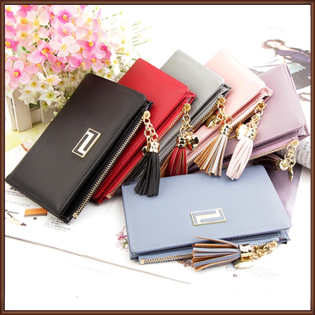 Ví Da Pu Ngắn Đa Năng Màu Trơn Có Khóa Kéo Và Tua Rua Thời Trang Cho Nữ Giá Đỡ