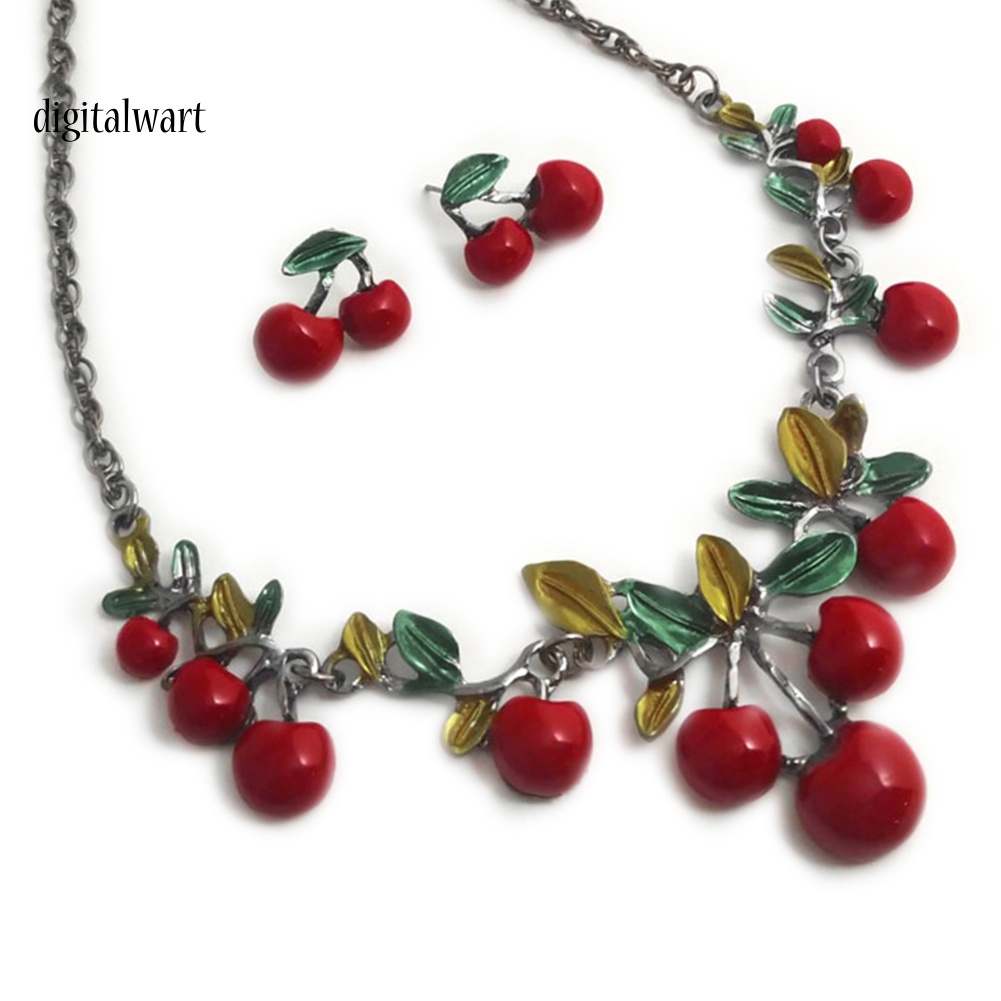 Kỹ Thuật Số| Bộ Vòng cổ + Bông Tai Hình Quả Cherry Đỏ Thời Trang Cho Nữ