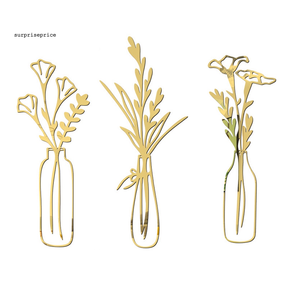 Bộ 3 Miếng Dán Tường Bằng Acrylic Tráng Gương Hình Lọ Hoa Lấp Lánh Trang Trí Nhà Cửa