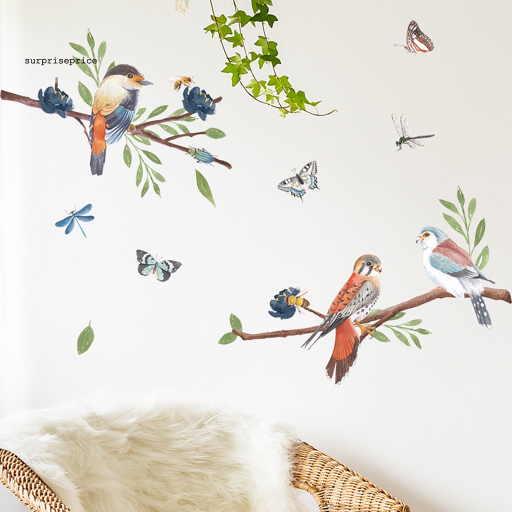 Set 2 Tấm Sticker Dán Tường Tự Dính Họa Tiết Cây Cối / Chim / Hoa Hoạt Hình Trang Trí Nhà Cửa