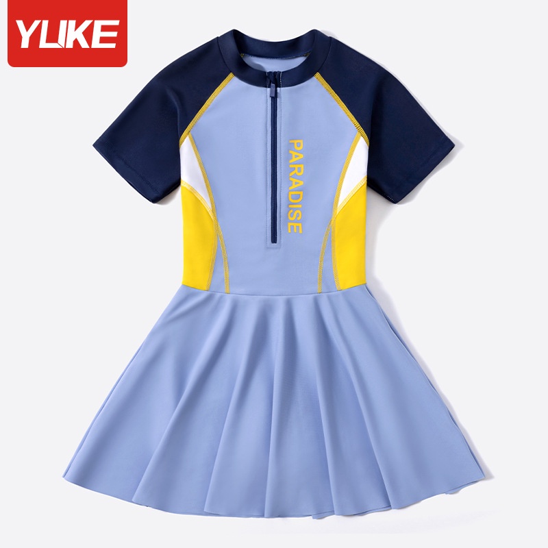 Đồ bơi bé gái, chân váy liền thân tay ngắn, chất vải co giãn, kiểu dáng thể thao phù hợp cho bé từ 22kg – 50kg