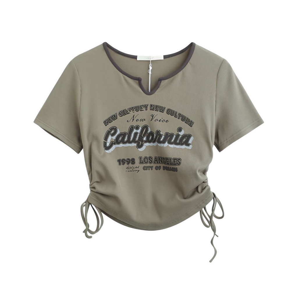 Áo Croptop Tay Ngắn Phối Dây Rút In Họa Tiết Phong Cách Retro Mỹ Thời Trang Mùa Hè Cho Nữ