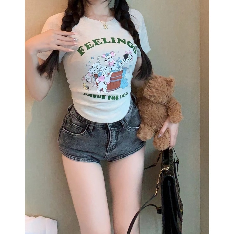 Áo Thun Ngắn Tay Dáng Ôm In Họa Tiết Hoạt Hình Cún Con Đáng Yêu Thời Trang Mùa Hè Cho Nữ