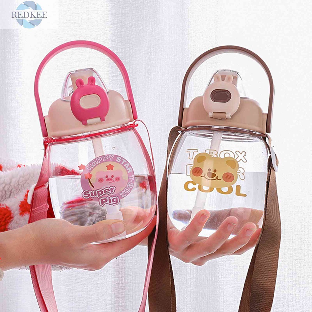 Bình Nước Nhựa 1000ml Có Ống Hút Họa Tiết Hoạt Hình Màu Sắc Ngẫu Nhiên