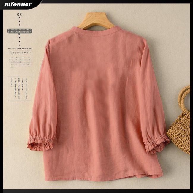 Áo Sơ Mi Cotton Lanh Cổ Tròn Dáng Rộng Màu Sắc Đơn Giản Thanh Lịch Dành Cho Nữ
