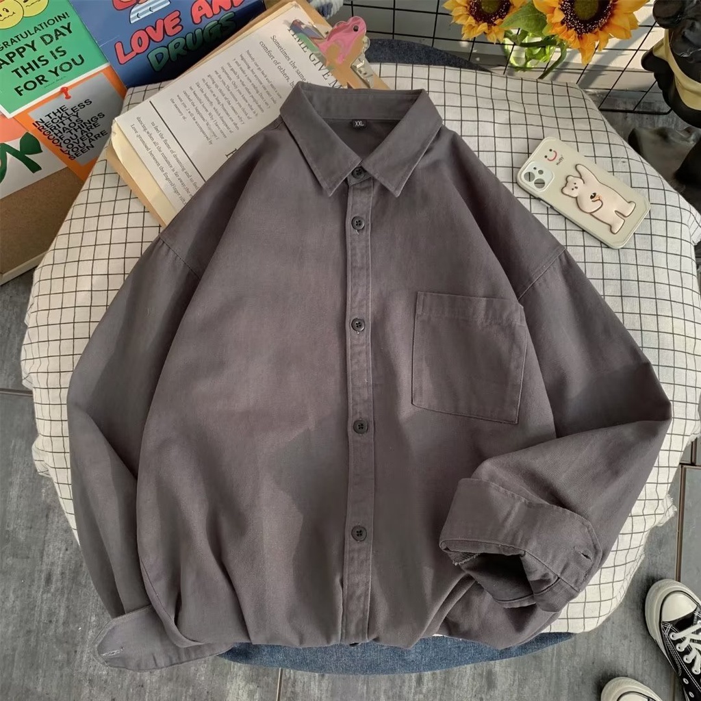 Áo Sơ Mi Tay Dài Dáng Rộng Cỡ Nhỏ Màu Trơn Thời Trang Cho Nam Và Nữ