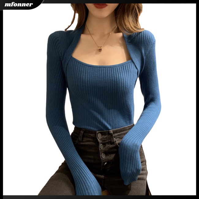 Áo Sweater Dệt Kim Tay Dài Cổ Vuông Ôm Dáng Thời Trang Cho Nữ