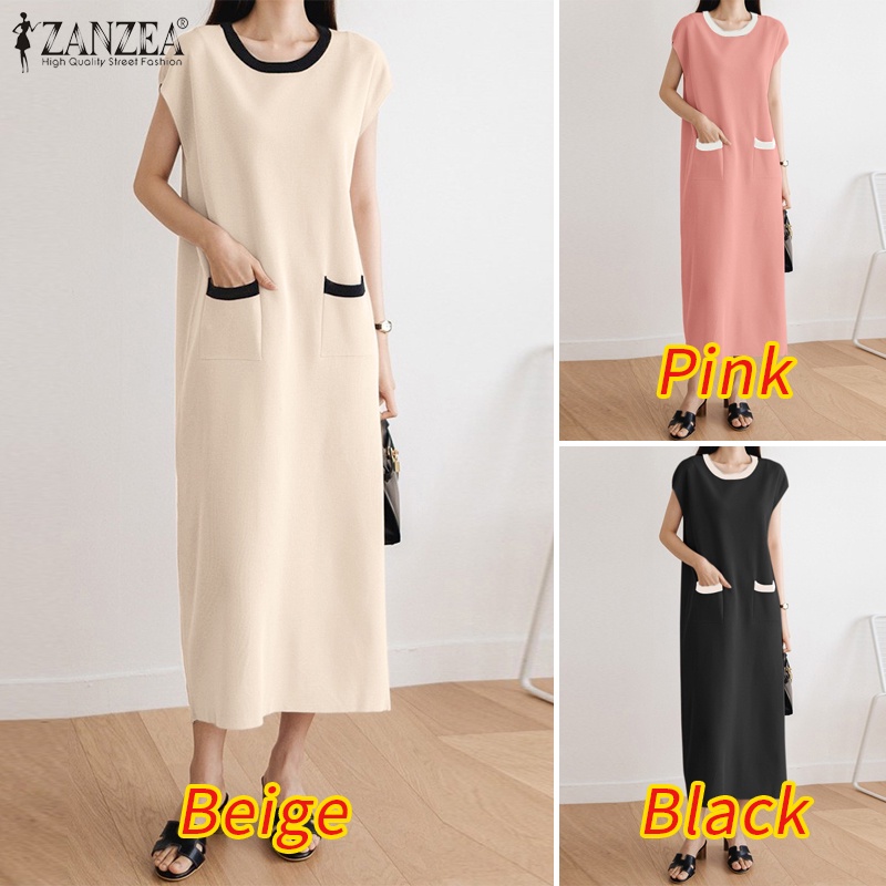 Zanzea Đầm Dài Dáng Rộng Tay Ngắn Cổ Thuyền Thời Trang Cho Nữ