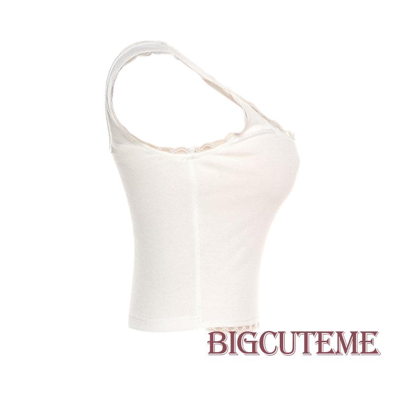 [] Áo Crop Top Không Tay Phối Ren Hoa Hồng 3D Thời Trang Mùa Hè Cho Nữ