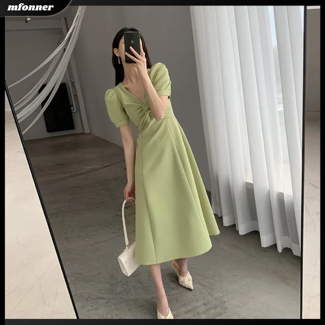 Đầm Midi Chữ A Tay Ngắn Phồng Cổ Chữ V Màu Trơn Thời Trang Mùa Hè Cho Nữ