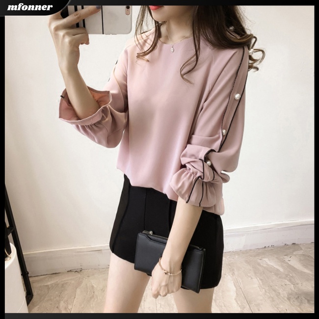 Áo Sơ Mi Chiffon Tay Dài Ống Loe Đính Hạt Cổ Tròn Màu Sắc Trơn Dành Cho Nữ