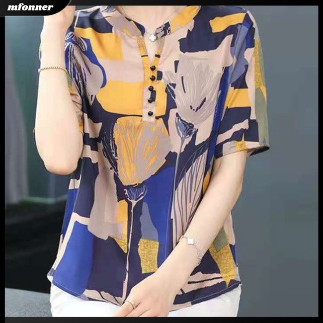 Áo Sơ Mi Tay Ngắn Cổ Đứng Dáng Rộng In Họa Tiết Kiểu Retro Thời Trang Mùa Hè Cho Bạn Gái