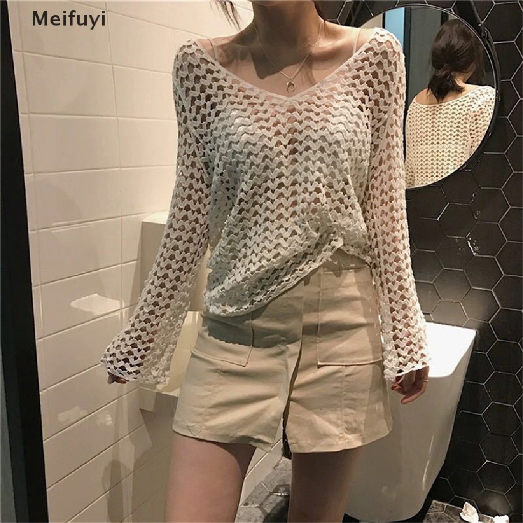 [Meifuyi] Áo Dệt Kim Dáng Rộng Tay Loe Dài Phối Lưới Rỗng Thời Trang Mùa Hè Cho Nữ