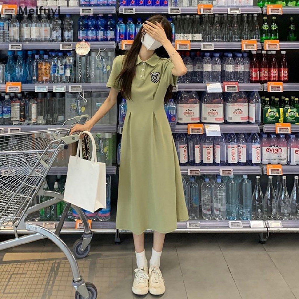 [Meifuyi] Đầm Dáng Chữ A Cổ Bẻ Tay Ngắn Ôm Eo Phong Cách Preppy Thời Trang Mùa Hè Cho Nữ