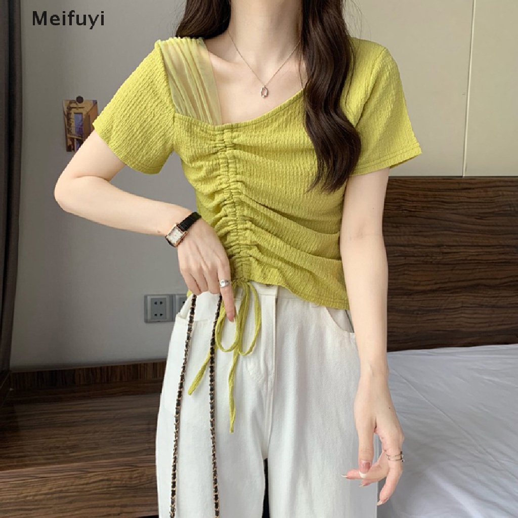 Áo Thun Croptop Dệt Kim Tay Ngắn Màu Sắc Đơn Giản Phối Dây Rút Thời Trang Mùa Hè Cho Nữ