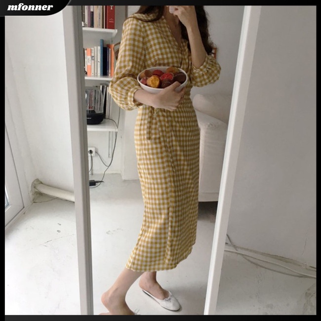 Đầm Midi Ôm Eo Cổ Chữ V In Họa Tiết Caro Quyến Rũ Thời Trang Cho Nữ