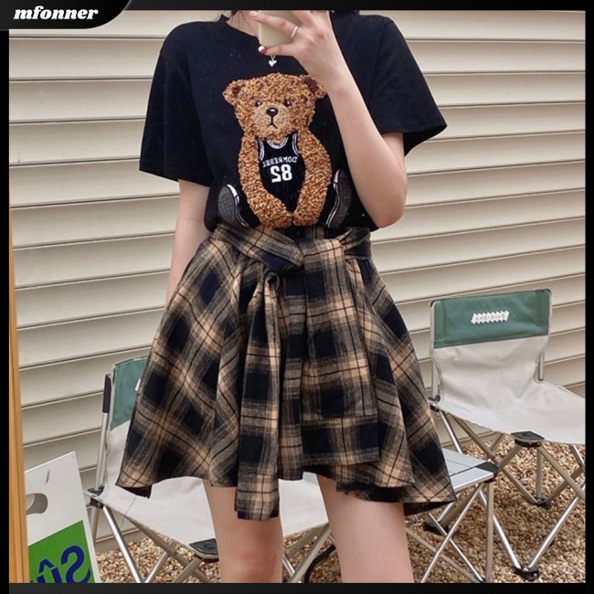 Set 2 Món Áo Thun Cổ Thuyền Ngắn Tay In Hình Gấu + Chân Váy Caro Thời Trang Cho Nữ