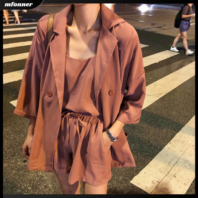 Set Đồ 3 Món Áo Hai Dây + Áo Khoác + Quần Ngắn Lưng Cao Màu Trơn Thời Trang Cho Nữ