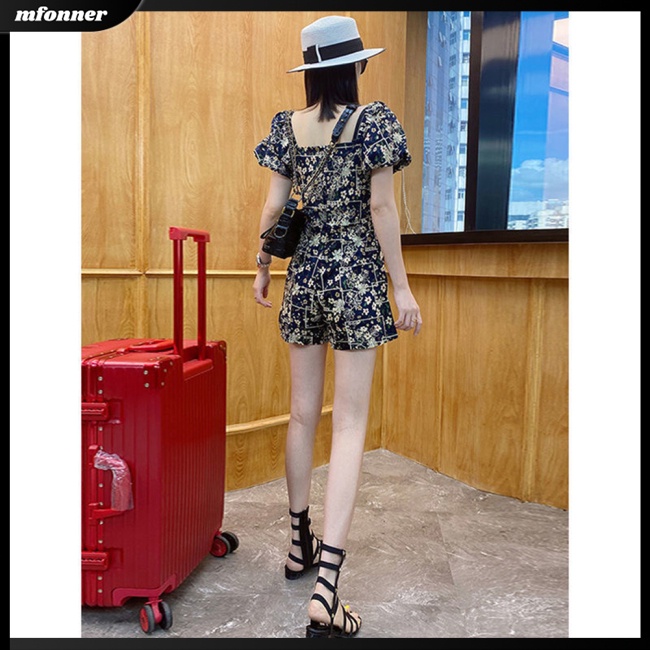 Áo liền quần Tay Ngắn Phồng Cổ Vuông Lưng Cao Dáng Chữ A In Hoa Thời Trang Ngọt Ngào Cho Nữ