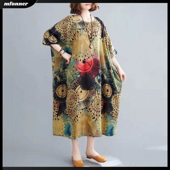 Đầm Tay Ngắn Cổ Tròn Dáng Chữ A In Họa Tiết Thổ Cẩm Thời Trang Cho Nữ