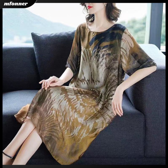 Đầm Midi Tay Ngắn Cổ Tròn Bằng Lụa Lạnh In Họa Tiết Plus Size Cho Nữ