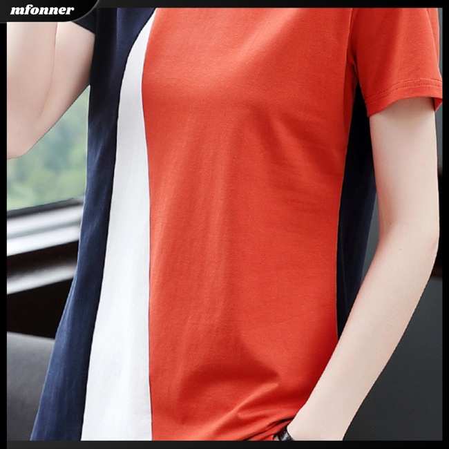 Áo Thun Tay Ngắn Cổ Tròn Dáng Rộng Màu Sắc Tương Phản Thời Trang Mùa Hè Cho Nữ