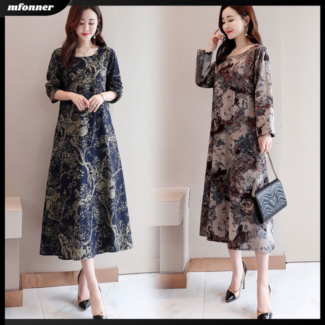 Đầm Tay Dài Dáng Rộng Chiết Eo In Họa Tiết Xinh Xắn Thời Trang Cho Nữ