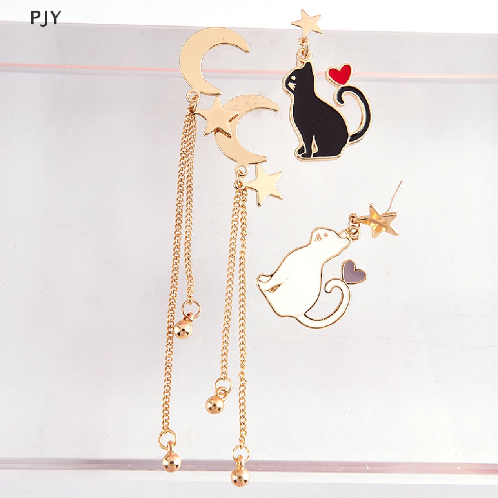 Pjy Khuyên Tai Hình Mèo Và Mặt Trăng Không Đối Xứng Dễ Thương PJ