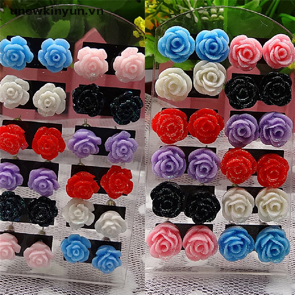 Set 12 Đôi Khuyên Tai Hình Hoa Hồng Nhiều Màu Sắc