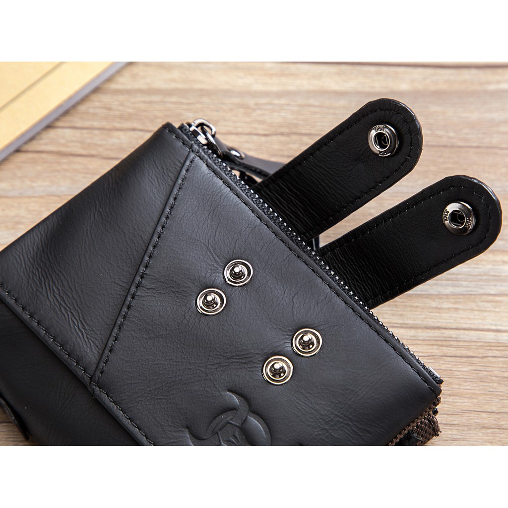 Ví Da Nam Gập Đôi Có Khóa Kéo Và Dây Xích Chống Trộm