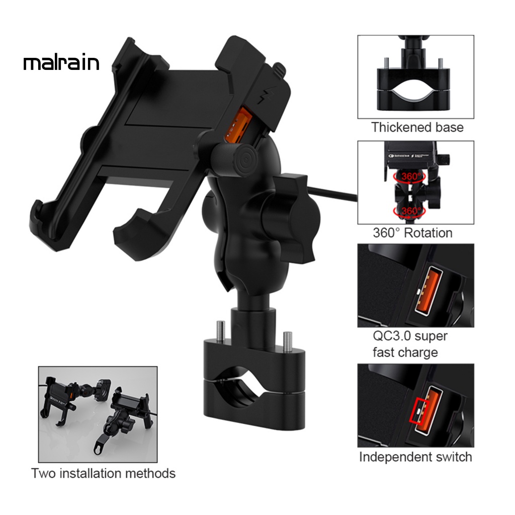 Giá Đỡ Điện Thoại QC 3.0 Bằng Hợp Kim Nhôm Chống Thấm Nước Dành Cho Xe Mô Tô