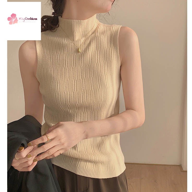 Áo Dệt Kim Ôm Dáng Không Tay Cổ Cao Có Giá Đỡ Dễ Phối Đồ