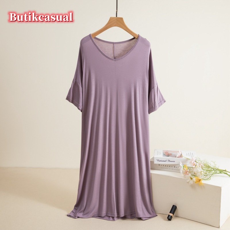 Đầm Cotton Modal Dáng Chữ A Cổ Tròn Tay Cánh Dơi Màu Trơn Thoải Mái Thời Trang Mùa Hè Cho Nữ