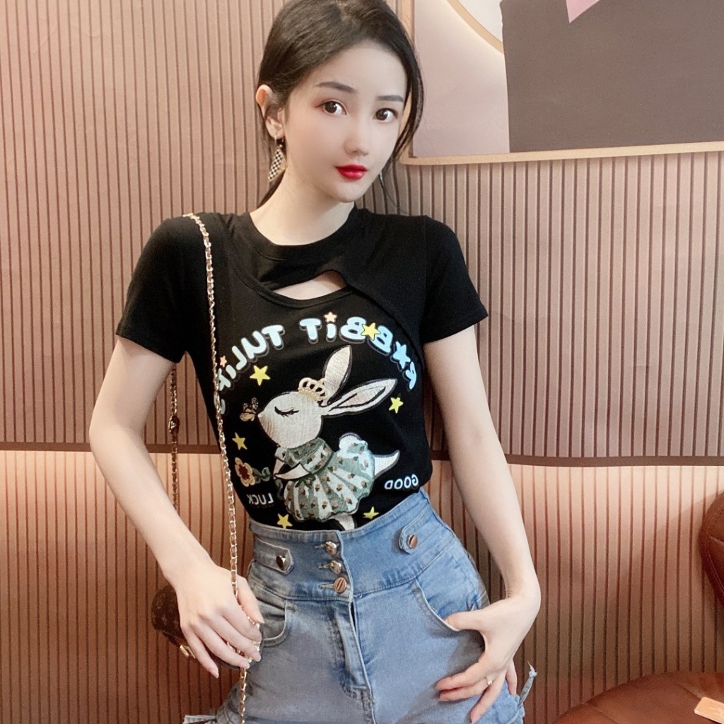 Áo Thun Tay Ngắn Cổ Tròn In Hình Thỏ Dễ Thương Phong Cách Hàn Quốc Thời Trang Mùa Hè Cho Nữ