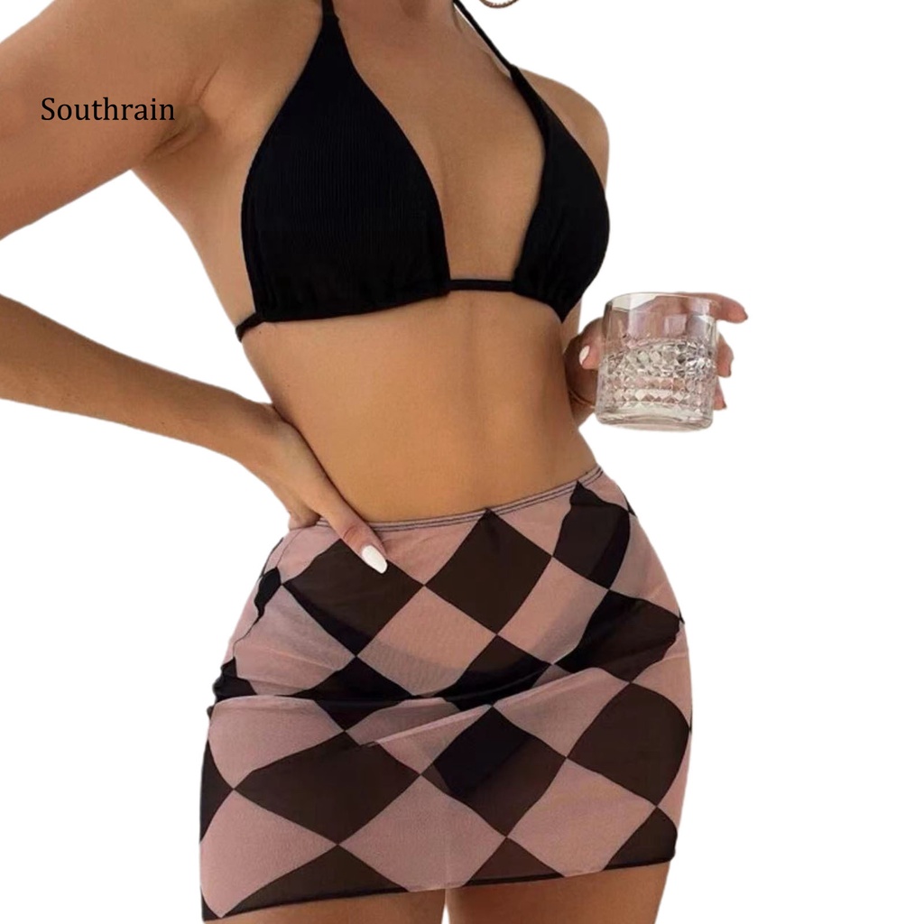 Bộ 3 Món Đồ Bơi Bikini Dạng Váy Hai Dây Nâng Ngực Màu Sắc Trơn In Họa Tiết Hình Học Tùy Chỉnh Cho Nữ