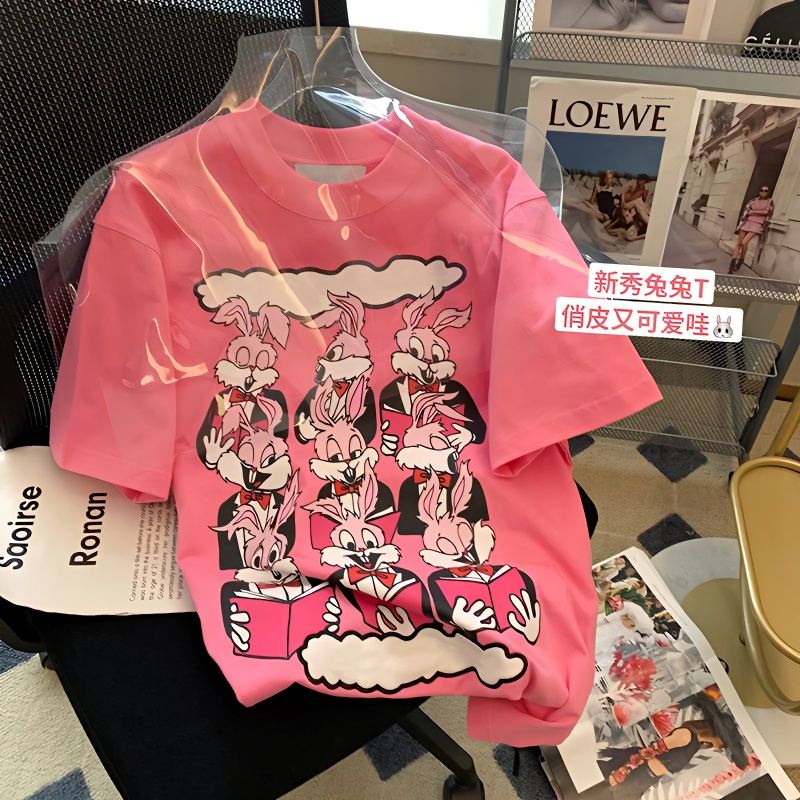 Áo Thun 100% cotton Cổ Tròn Tay Ngắn Dáng Rộng In Hình Thỏ Hồng Thời Trang Mùa Hè AA5357 Dành Cho Nữ 2023