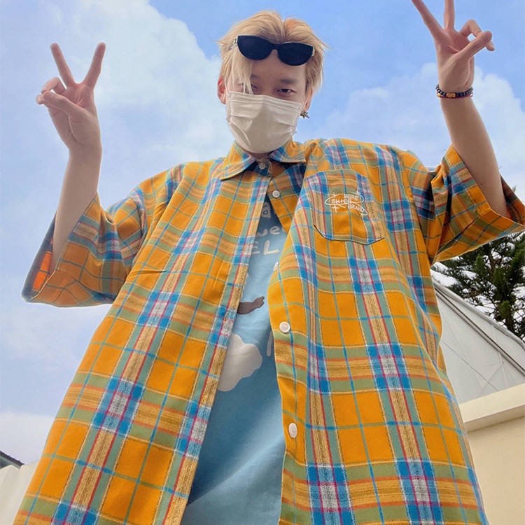 Áo Sơ Mi Tay Ngắn Họa Tiết Kẻ Sọc Màu Vàng Phong Cách Cổ Điển Thời Trang Xuân Thu 2023 Cho Nam Và Nữ