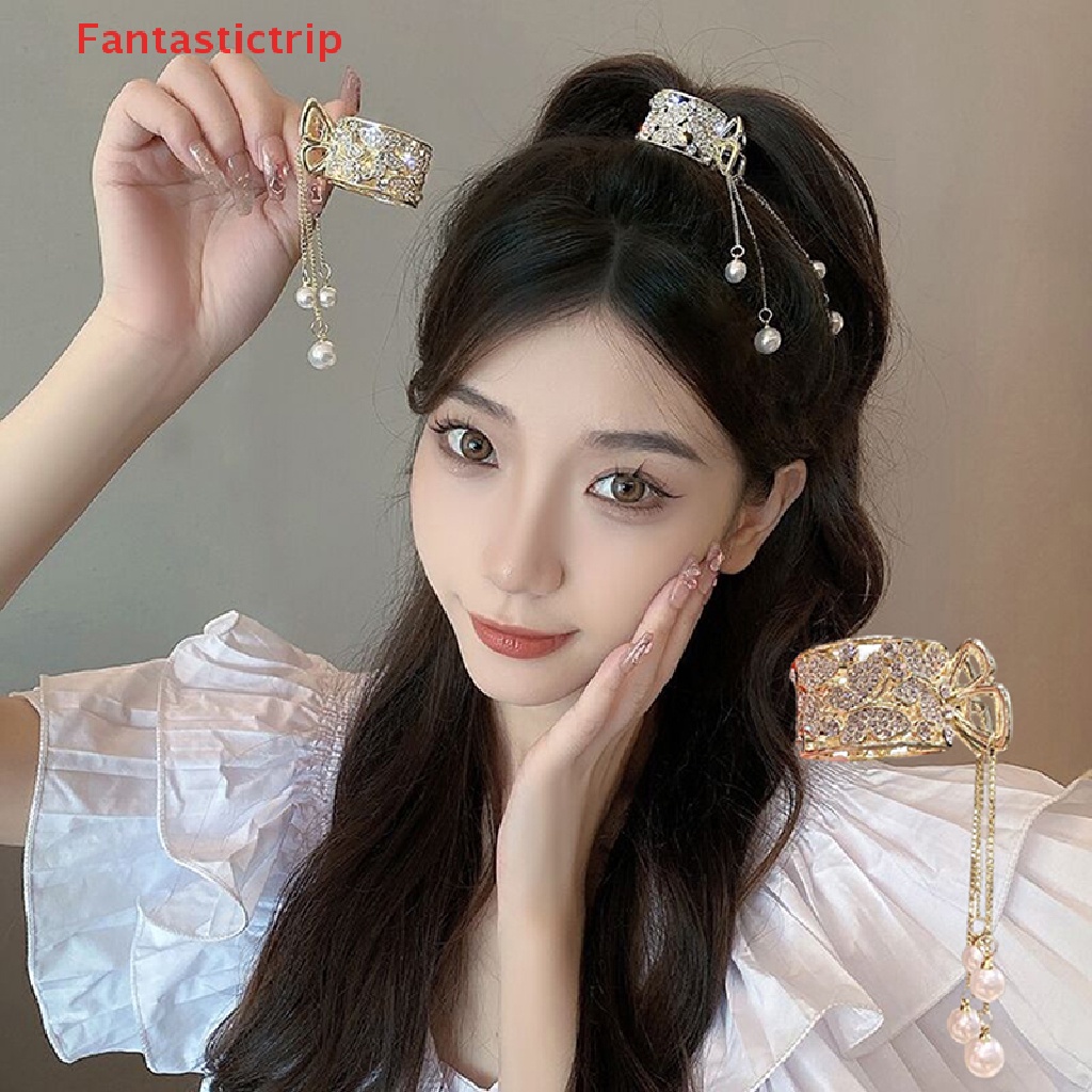 Kẹp Tóc Đính Đá Ngọc Trai Phối Tua Rua Cố Định Tóc Đuôi Ngựa Thời Trang Cho Nữ