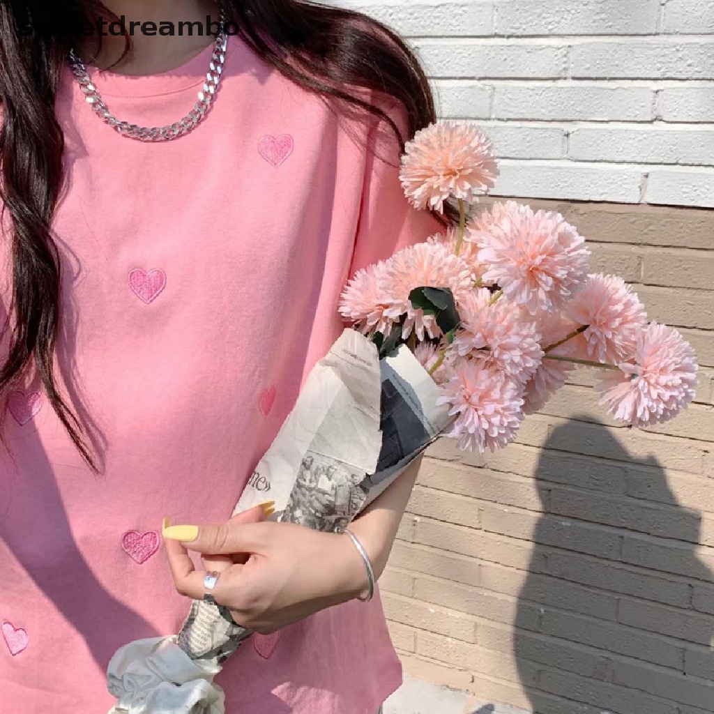 SWE Mùa Hè Tình Yêu Thêu Ngắn Tay Áo T-Shirt Phụ Nữ Vòng Cổ Giản Dị Lỏng T-Shirt DRN
