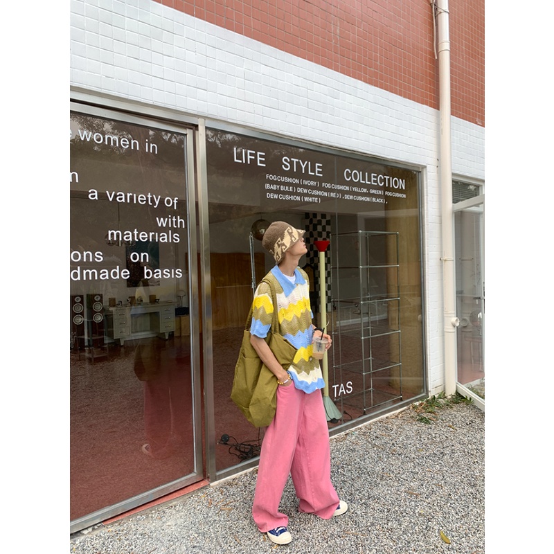 Áo Thun polo Dệt Kim Tay Ngắn Dáng Rộng Họa Tiết Kẻ Sọc Màu Sắc Tương Phản Thời Trang Mùa Hè Cho