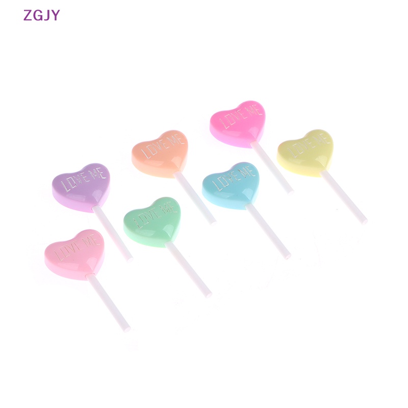 Set 10 Mô Phỏng Kẹo Mút Trái Tim Bằng Resin Cabochon Giả DIY Mới